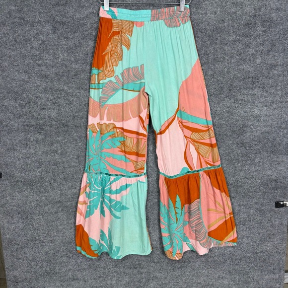 True Destinations Pants Womens Small Teal Pink Tropical Floral Wide Leg Resort - Picture 3 of 12